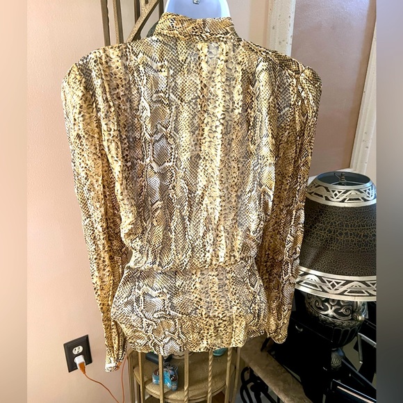 ADRIANNA PAPELL Snake Print Side Button down Closure, High Neck 100% Silk Blouse - Picture 6 of 12